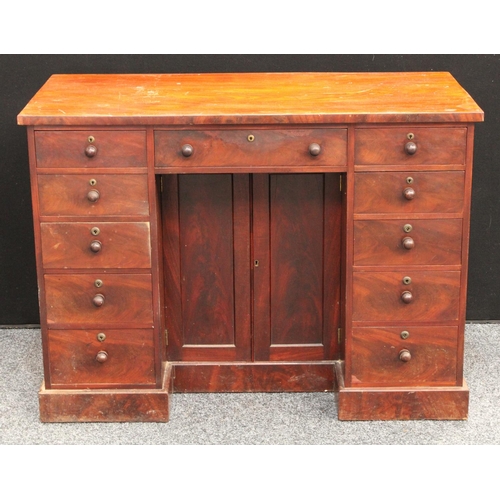 205 - A Victorian mahogany kneehole desk, oversailing rectangular top above three frieze drawers, a pair o... 