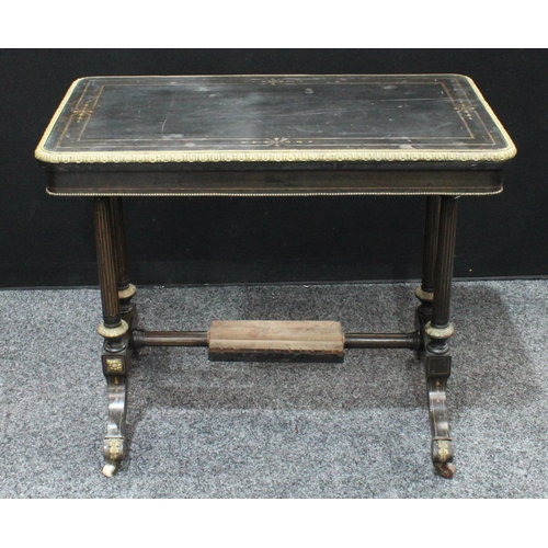 208 - A Victorian gilt metal mounted ebonised and marquetry rounded rectangular card table, twin end suppo... 