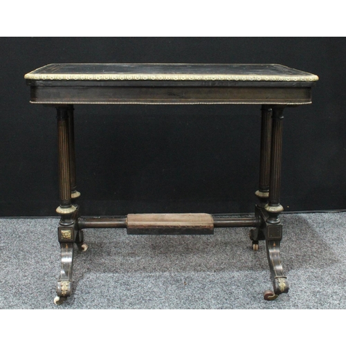 208 - A Victorian gilt metal mounted ebonised and marquetry rounded rectangular card table, twin end suppo... 