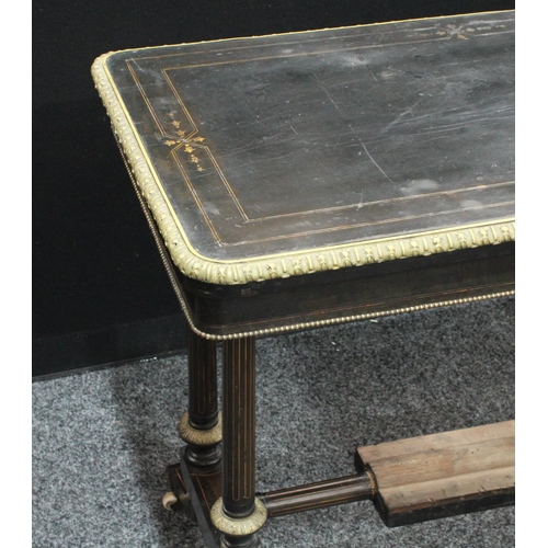 208 - A Victorian gilt metal mounted ebonised and marquetry rounded rectangular card table, twin end suppo... 