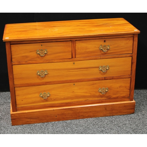 252 - An early 20th century low chest, of two short over two long drawers, plinth base, 75.5cm high, 106.5... 