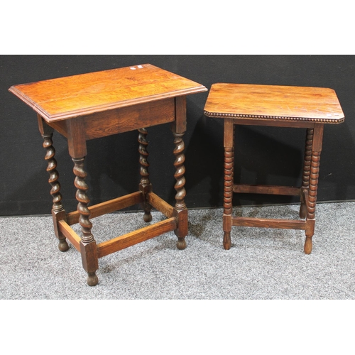 254 - An oak rectangular occasional table, barley twist supports; another, similar, bobbin-turned (2)