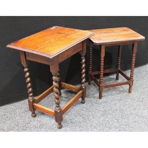 254 - An oak rectangular occasional table, barley twist supports; another, similar, bobbin-turned (2)