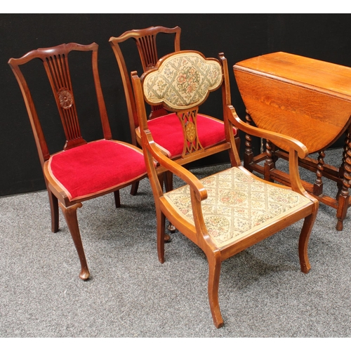 274 - A set of four Ercol dining chairs; an oak barley twist gateleg table; a pair of early 20th century m... 