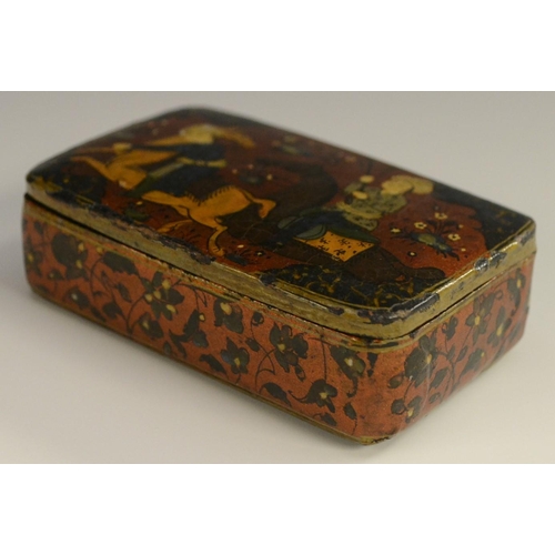 3001 - A 19th century Indo-Persian lacquer and penwork rounded rectangular snuff box, decorated in the typi... 