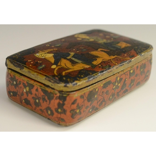 3001 - A 19th century Indo-Persian lacquer and penwork rounded rectangular snuff box, decorated in the typi... 