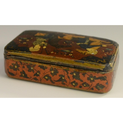 3001 - A 19th century Indo-Persian lacquer and penwork rounded rectangular snuff box, decorated in the typi... 