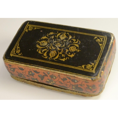 3001 - A 19th century Indo-Persian lacquer and penwork rounded rectangular snuff box, decorated in the typi... 