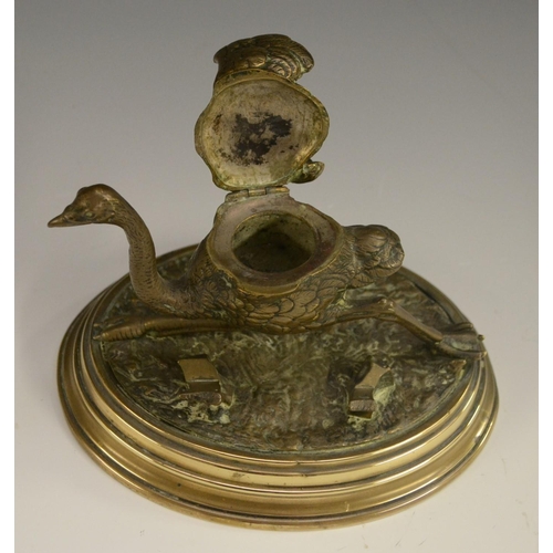 3012 - A 19th century French bronze animalier novelty inkwell, cast as an ostrich, hinged cover, oval base,... 