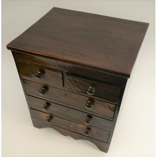 3037 - A 19th century rosewood miniature chest of collectors drawers, oversailing top above two short and t... 