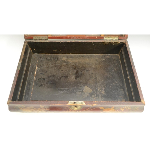 3070 - A Chinese lacquer bowed rectangular work box, hinged cover decorated in raised gilt with a bridge in... 