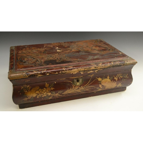 3070 - A Chinese lacquer bowed rectangular work box, hinged cover decorated in raised gilt with a bridge in... 