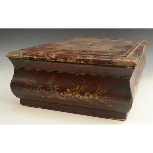 3070 - A Chinese lacquer bowed rectangular work box, hinged cover decorated in raised gilt with a bridge in... 