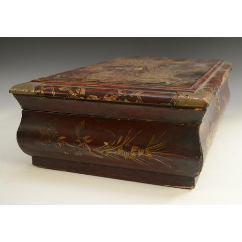 3070 - A Chinese lacquer bowed rectangular work box, hinged cover decorated in raised gilt with a bridge in... 