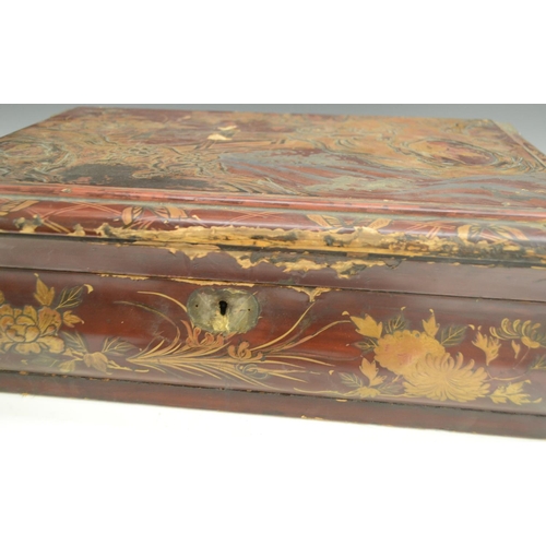 3070 - A Chinese lacquer bowed rectangular work box, hinged cover decorated in raised gilt with a bridge in... 