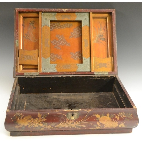 3070 - A Chinese lacquer bowed rectangular work box, hinged cover decorated in raised gilt with a bridge in... 