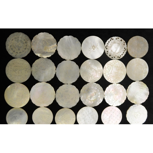 3077 - A collection of Chinese mother-of-pearl circular gaming counters, variously engraved, Canton, 19th c... 