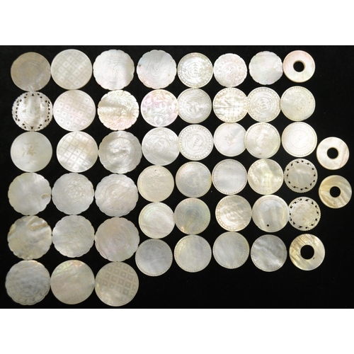 3077 - A collection of Chinese mother-of-pearl circular gaming counters, variously engraved, Canton, 19th c... 