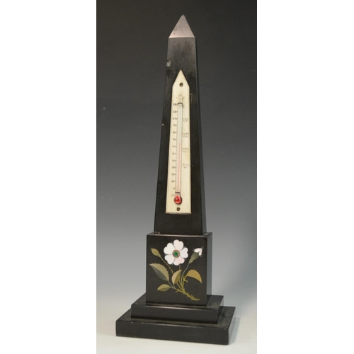 3084 - A Derbyshire Ashford marble obelisk thermometer, inlaid in specimen stones with a flower, stepped re... 