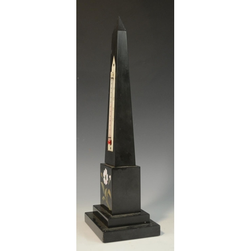 3084 - A Derbyshire Ashford marble obelisk thermometer, inlaid in specimen stones with a flower, stepped re... 