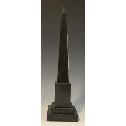 3084 - A Derbyshire Ashford marble obelisk thermometer, inlaid in specimen stones with a flower, stepped re... 