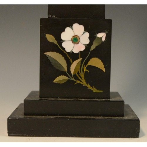 3084 - A Derbyshire Ashford marble obelisk thermometer, inlaid in specimen stones with a flower, stepped re... 