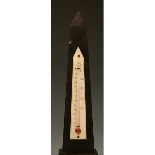 3084 - A Derbyshire Ashford marble obelisk thermometer, inlaid in specimen stones with a flower, stepped re... 