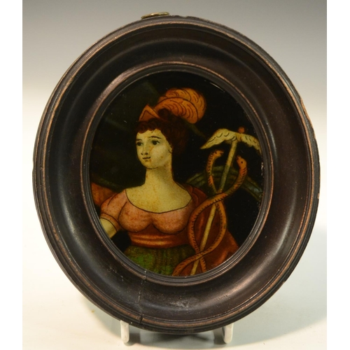 3091 - A George III reverse engraving on glass, of a lady with a caduceus, 10.5cm x 9cm, oval fruitwood fra... 