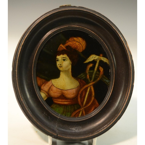 3091 - A George III reverse engraving on glass, of a lady with a caduceus, 10.5cm x 9cm, oval fruitwood fra... 