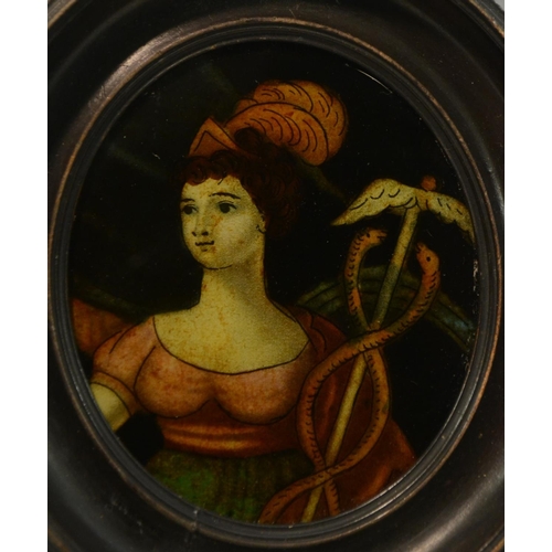 3091 - A George III reverse engraving on glass, of a lady with a caduceus, 10.5cm x 9cm, oval fruitwood fra... 