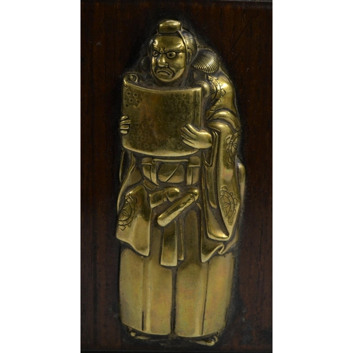 3101 - A Japanese bronze-mounted hardwood plaque, the front inset with a figural relief of an official, the... 