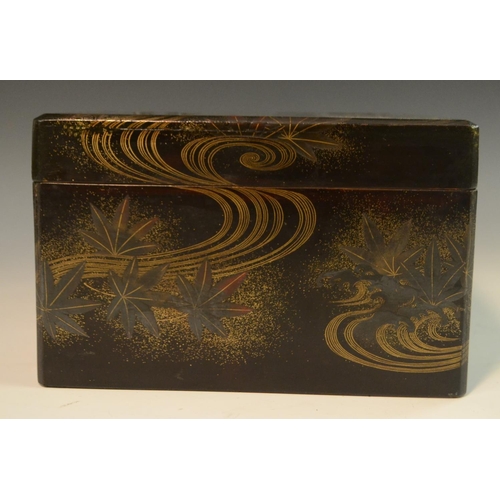 3105 - A Japanese silver mounted lacquer box and cover, decorated in red and gilt with swirls and autumnal ... 