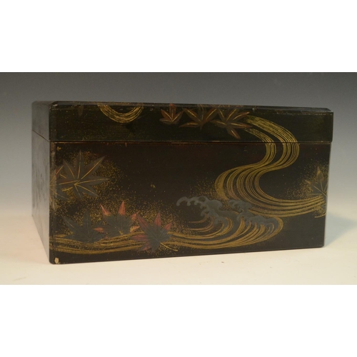 3105 - A Japanese silver mounted lacquer box and cover, decorated in red and gilt with swirls and autumnal ... 