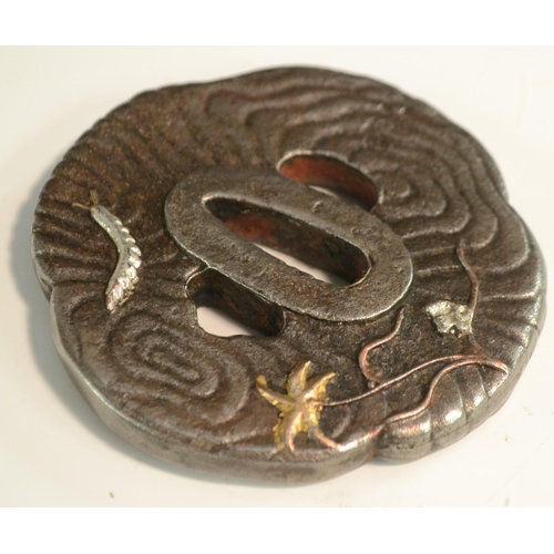 3107 - A Japanese tsuba, cast and applied with silvered and gilt insects, 8cm wide, signed, Meiji period