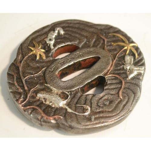 3107 - A Japanese tsuba, cast and applied with silvered and gilt insects, 8cm wide, signed, Meiji period