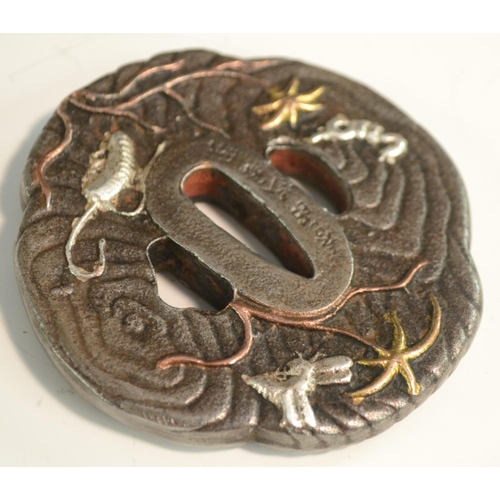 3107 - A Japanese tsuba, cast and applied with silvered and gilt insects, 8cm wide, signed, Meiji period