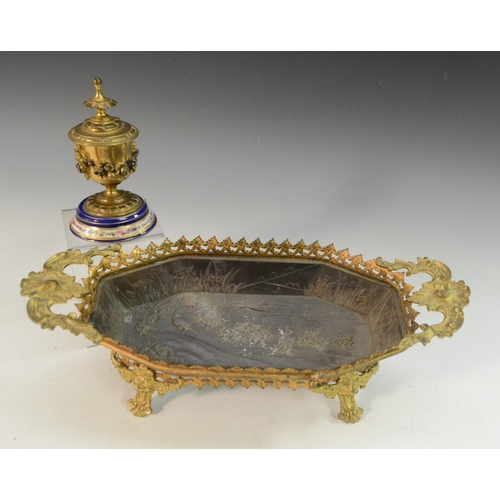 3115 - A Louis XVI Revival Neoclassical gilt-metal mounted porcelain inkwell, applied with swags of flowers... 