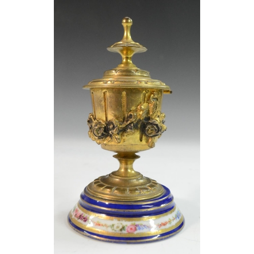 3115 - A Louis XVI Revival Neoclassical gilt-metal mounted porcelain inkwell, applied with swags of flowers... 