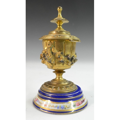 3115 - A Louis XVI Revival Neoclassical gilt-metal mounted porcelain inkwell, applied with swags of flowers... 