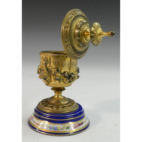 3115 - A Louis XVI Revival Neoclassical gilt-metal mounted porcelain inkwell, applied with swags of flowers... 