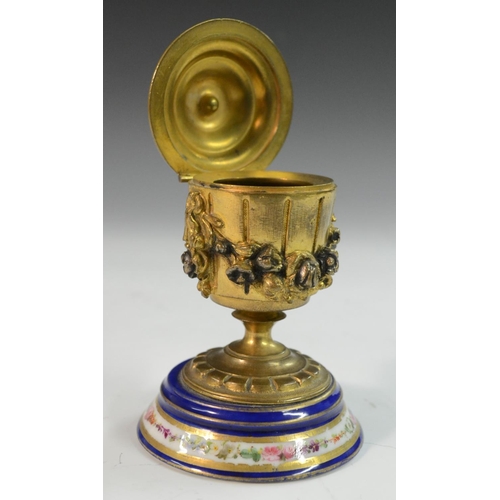 3115 - A Louis XVI Revival Neoclassical gilt-metal mounted porcelain inkwell, applied with swags of flowers... 