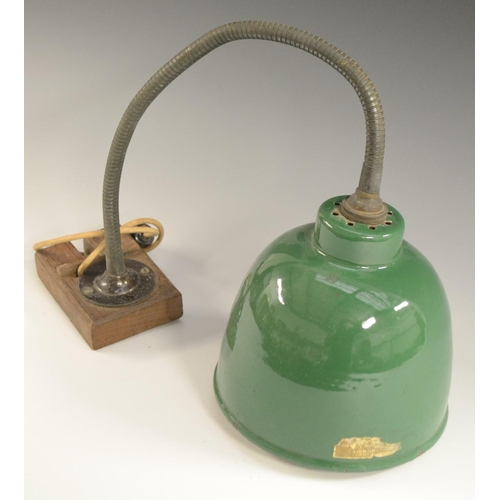 3118 - A mid-20th century industrial articulated swan neck lamp, the green enamelled shade 17.5cm diam