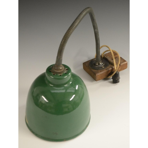 3118 - A mid-20th century industrial articulated swan neck lamp, the green enamelled shade 17.5cm diam