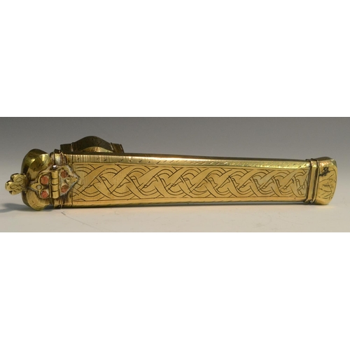 3119 - A Middle Eastern brass qalamdan pen case, chased in the Islamic taste with calligraphy, 24cm long, e... 