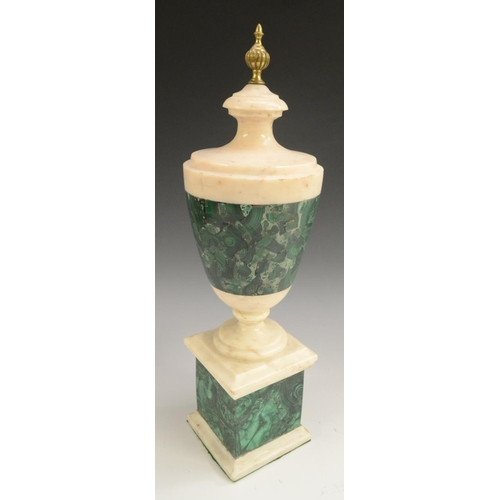 3124 - A Neoclassical style malachite and white marble urn, fluted finial, square base, 42.5cm high