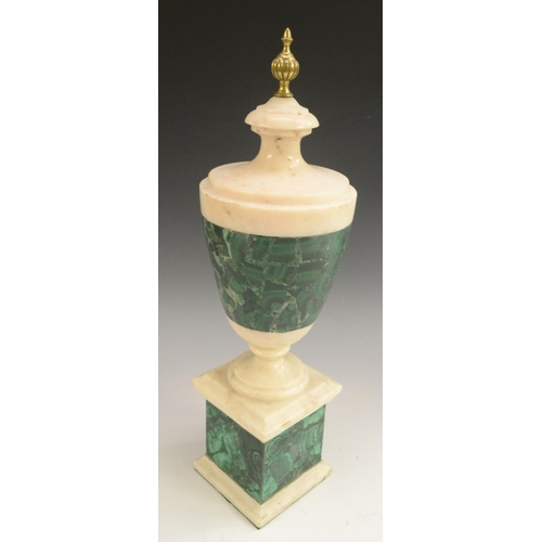 3124 - A Neoclassical style malachite and white marble urn, fluted finial, square base, 42.5cm high