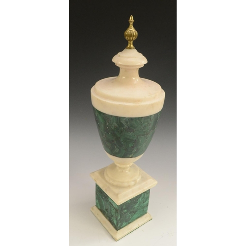 3124 - A Neoclassical style malachite and white marble urn, fluted finial, square base, 42.5cm high