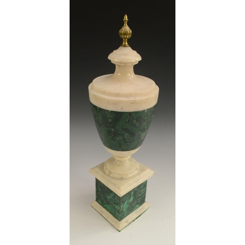 3124 - A Neoclassical style malachite and white marble urn, fluted finial, square base, 42.5cm high