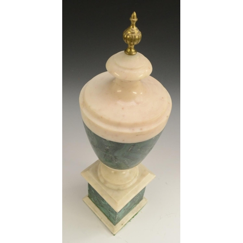 3124 - A Neoclassical style malachite and white marble urn, fluted finial, square base, 42.5cm high