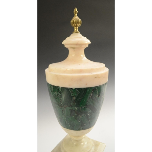 3124 - A Neoclassical style malachite and white marble urn, fluted finial, square base, 42.5cm high